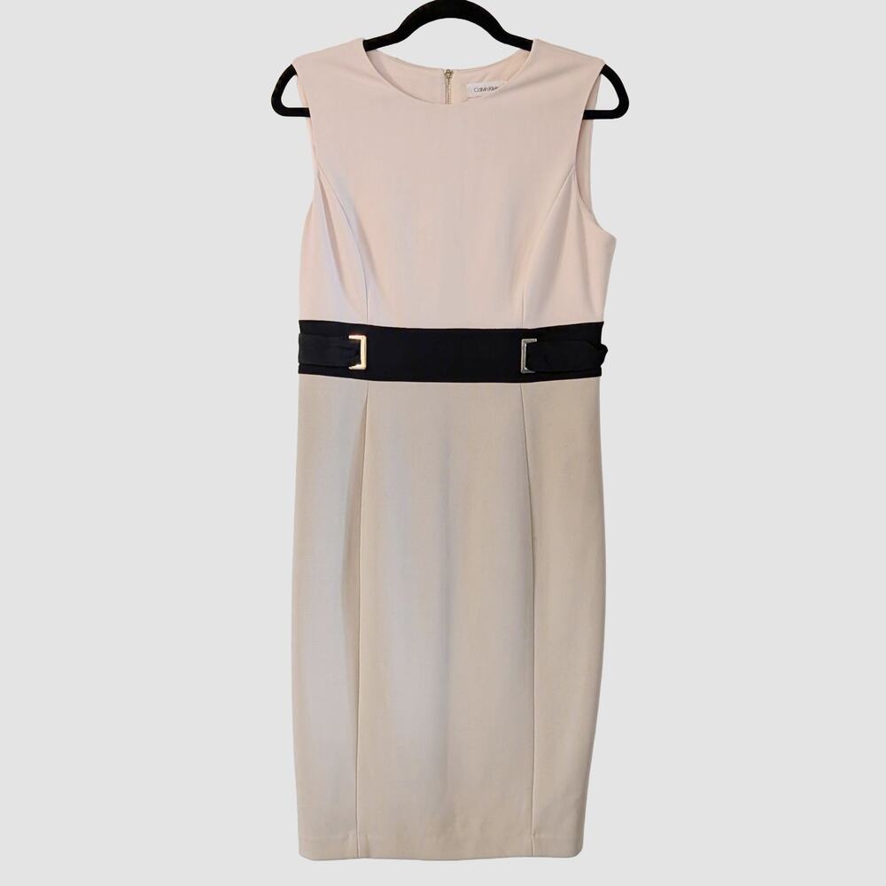 Calvin Klein Colorblock Sheath Dress Size 10 Blush Black Beige Buckle Career
